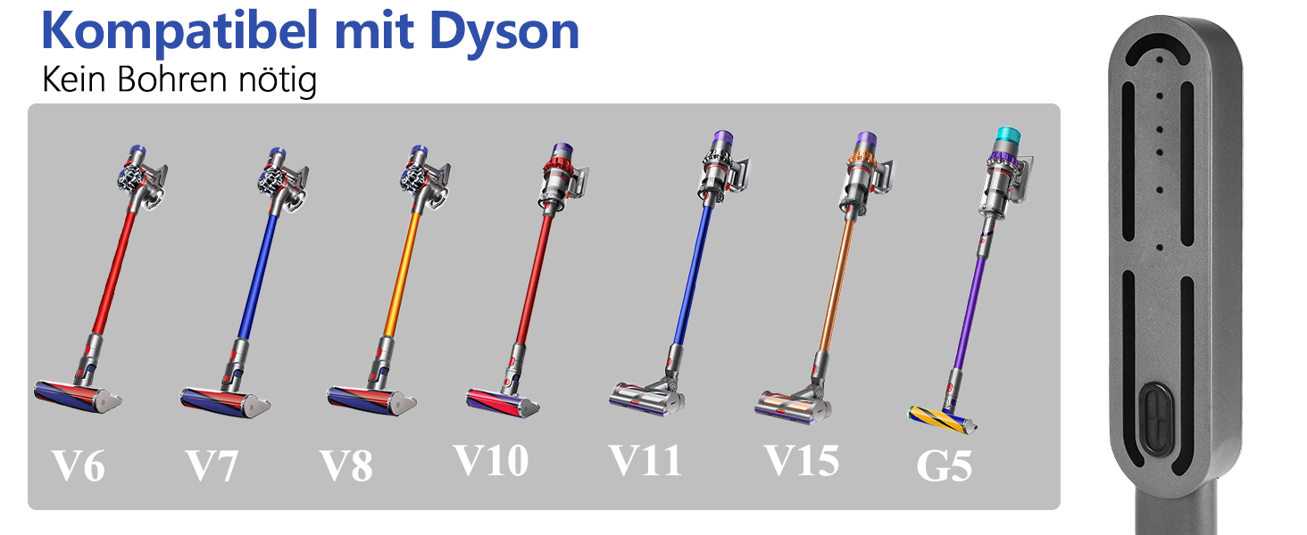 Підставка для пилососів Dyson G5, V15, V12, V11, V10, V8, V7, V6, металева, з 4 гачками та 4 полицями, без свердління, стабільна, на підлогу, приховане кріплення кабелю (темно-сірий)