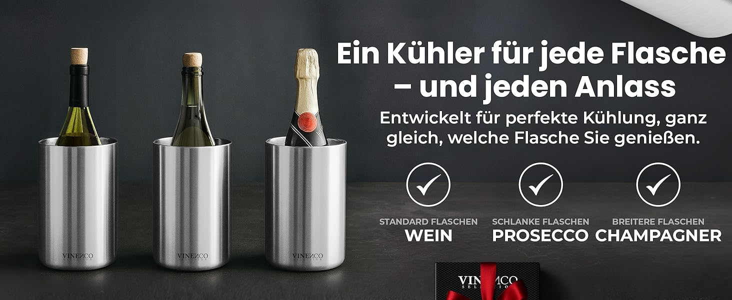 Охолоджувач для вина Vinenco з нержавіючої сталі, для шампанського та секту, з подвійними стінками, ізольований | Охолоджувач для винних пляшок, білого вина, аксесуар для вина, подарунковий набір для чоловіків та жінок