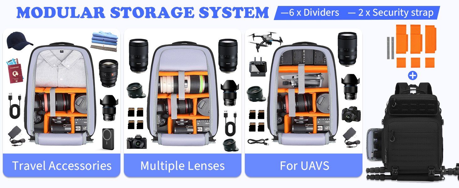 Рюкзак для камери FRETHIND: водонепроникний фоторюкзак для Canon, Nikon, Sony, дрона, об'єктива та ноутбука (з дощовиком), чорний