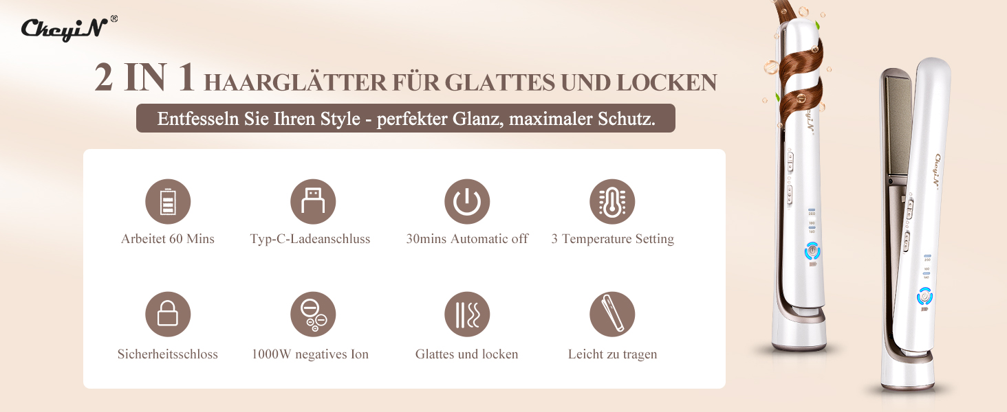 CkeyiN Бездротовий випрямляч для волосся, 2-в-1 випрямляч та завивка, міні-подорожний, керамічний, USB, білий