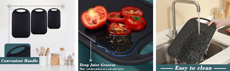 Набір з 3 дерев'яних обробних дощок Hunnycook: велика, середня, маленька, з жолобками для соку, антибактеріальні, чорні, BPA-free, для миття в посудомийній машині