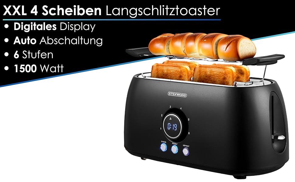 Тостер XXL з 4-ма відділеннями та підставою для бургерів | Чорний колір | Цифровий дисплей | Автоматичне вимкнення