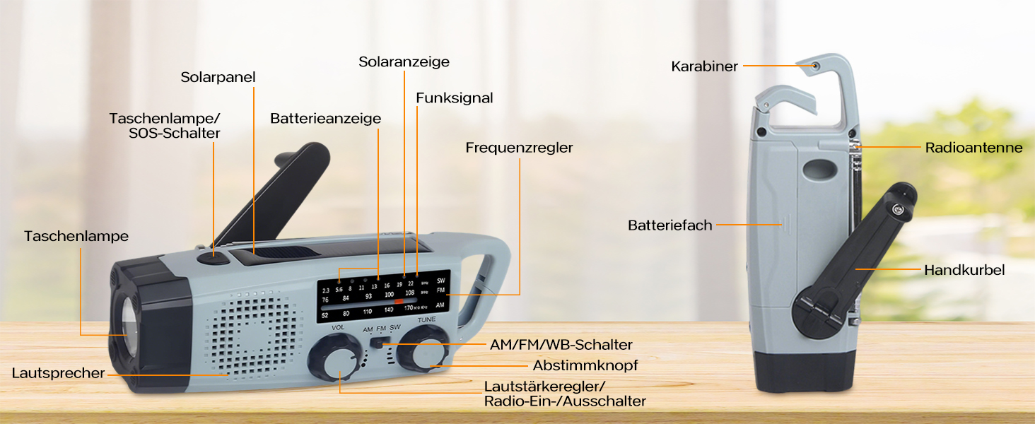 Радіо Kurbel з ручним заводом та сонячною панеллю, AM/FM/SW, 2000mAh, з SOS сигналом та ліхтариком - аварійне радіо для кемпінгу