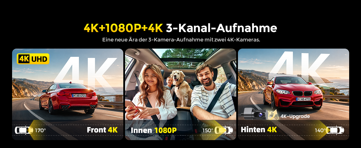 3-канальний автомобільний відеореєстратор GKU C300 4K+1080P+4K, передня, салонна та задня камери, 5.8G WiFi, чорний