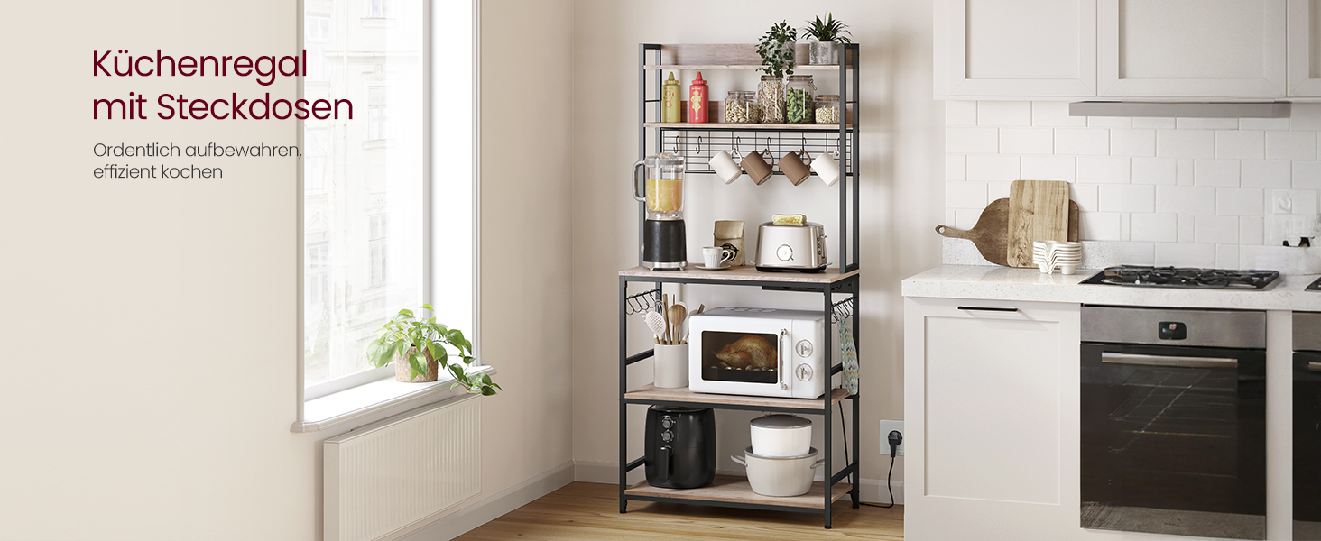 Стелаж кухонний VASAGLE з розетками, для мікрохвильової печі, з решіткою, 14 гачків, антрацит-чорний (40 x 80 x 170 см)