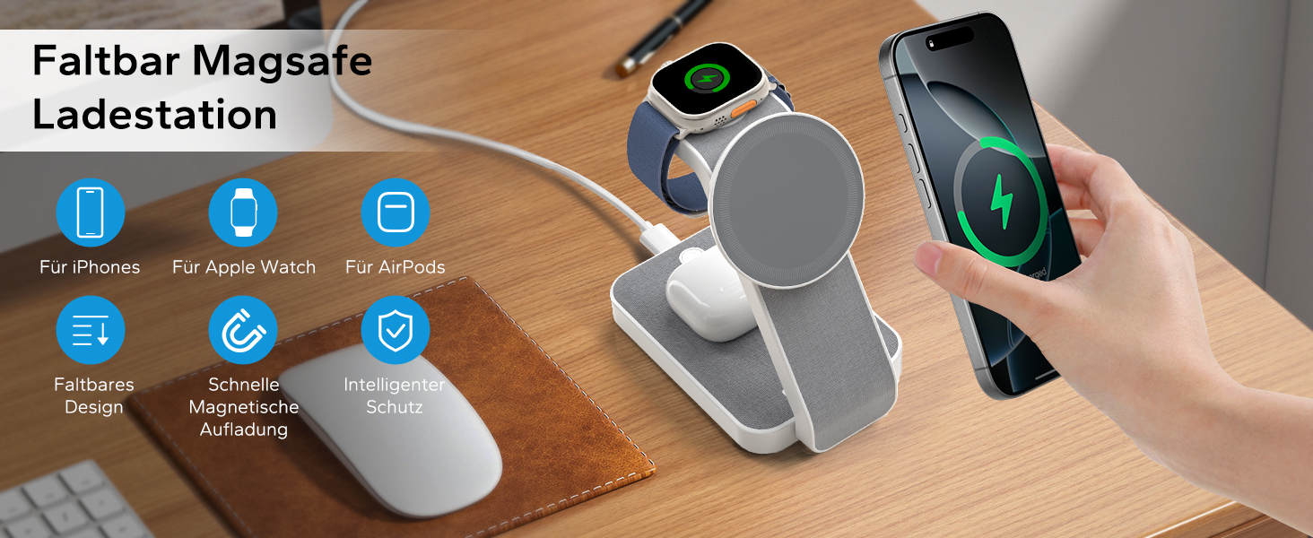 Зарядна станція MagSafe 3 в 1 для Apple Watch та iPhone (біла)