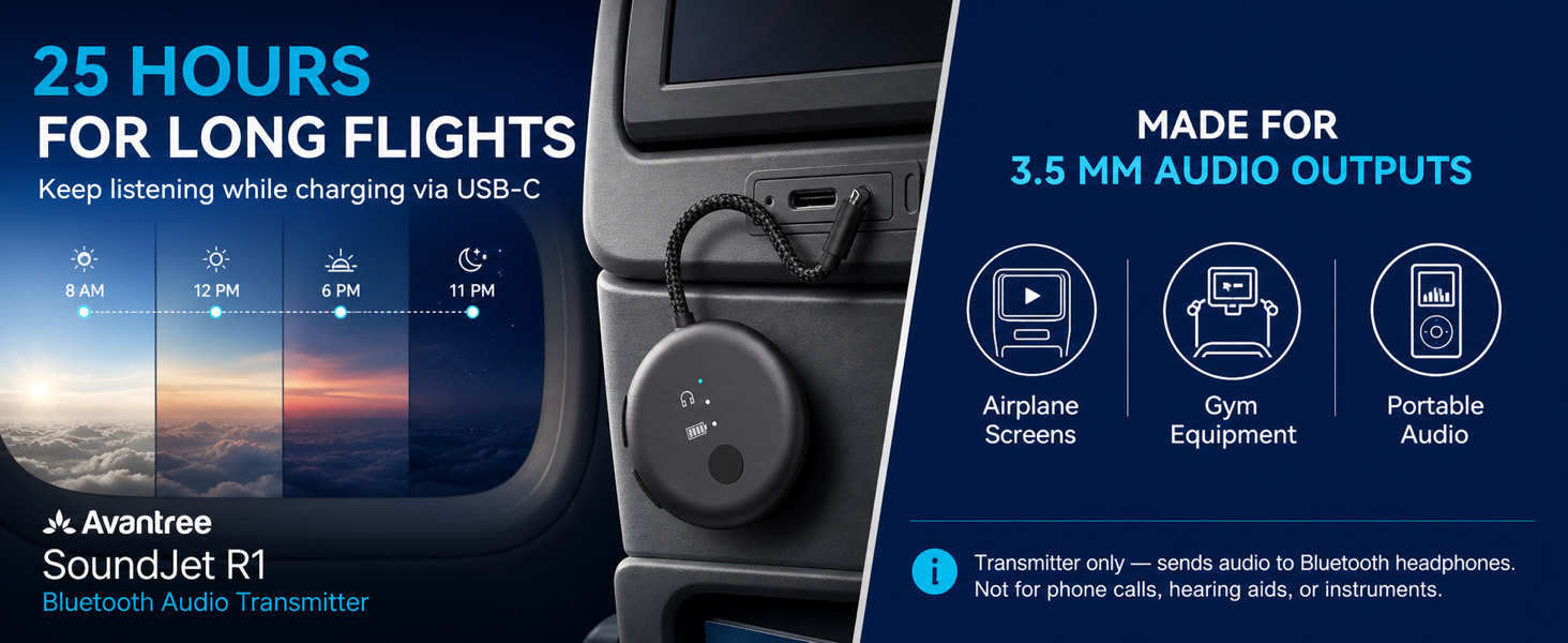 Bluetooth-адаптер для літака Avantree SoundJet R1 для AirPods та бездротових навушників, білий, 25 годин роботи