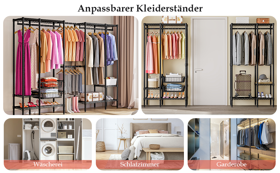 Важкий металевий вішак для одягу, розширюваний відкритий шафа для одягу з 2 висувними кошиками, (249-297) x 40 x 192 см (Чорний)