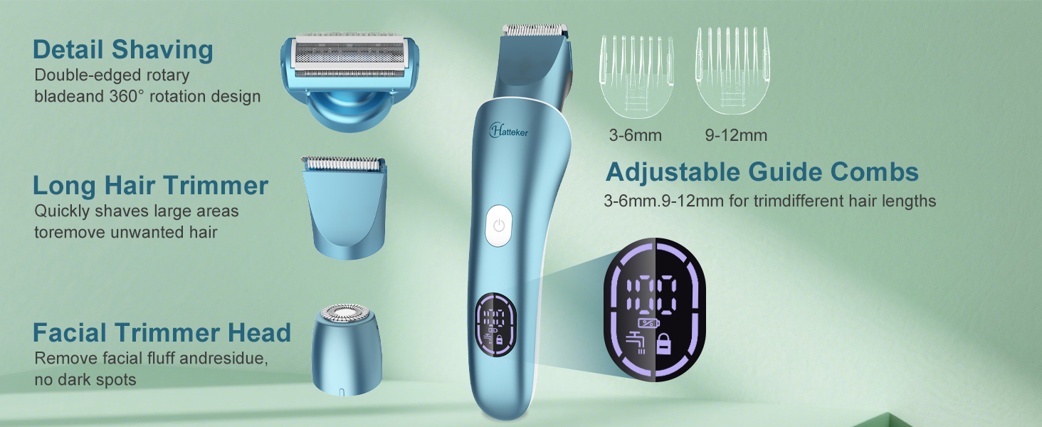 Електричний епілятор Hatteker 3-в-1 для жінок: тример, брітор та епілятор. З LED-дисплеєм, IPX7, USB-зарядка (Блакитний)