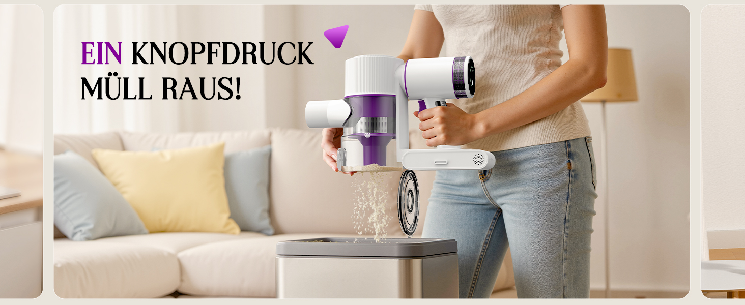 Бездротовий акумуляторний пилосос 45000 Па, 60 хв, 1.75 кг, 6-в-1 з сенсорним екраном, LED-підсвічуванням, антизаплутувальною насадкою та зарядною станцією, 7-шарова фільтрація для шерсті тварин, килимів, твердих поверхонь, авто, білий з фіолетовим