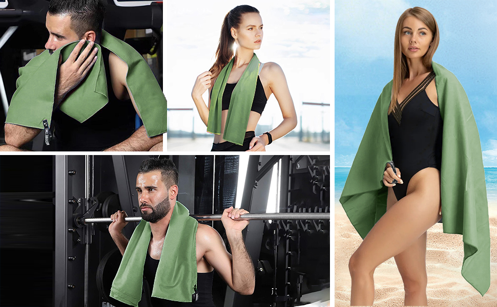 Набір з 3 рушників з мікрофібри, 180x80 см + 2 рушники 80x40 см, для фітнесу, сауни, пляжу, подорожей, темно-зелений