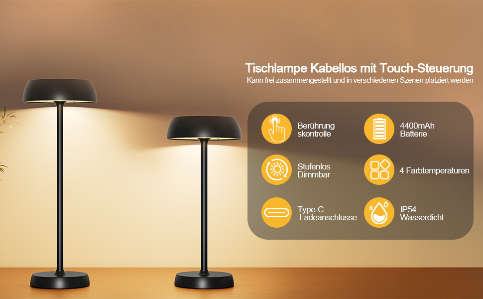 Світлодіодна настільна лампа бездротова з регулюванням яскравості, сенсорним керуванням, 4 режими освітлення, акумуляторна, для спальні, домашнього офісу, кемпінгу - 1 шт.