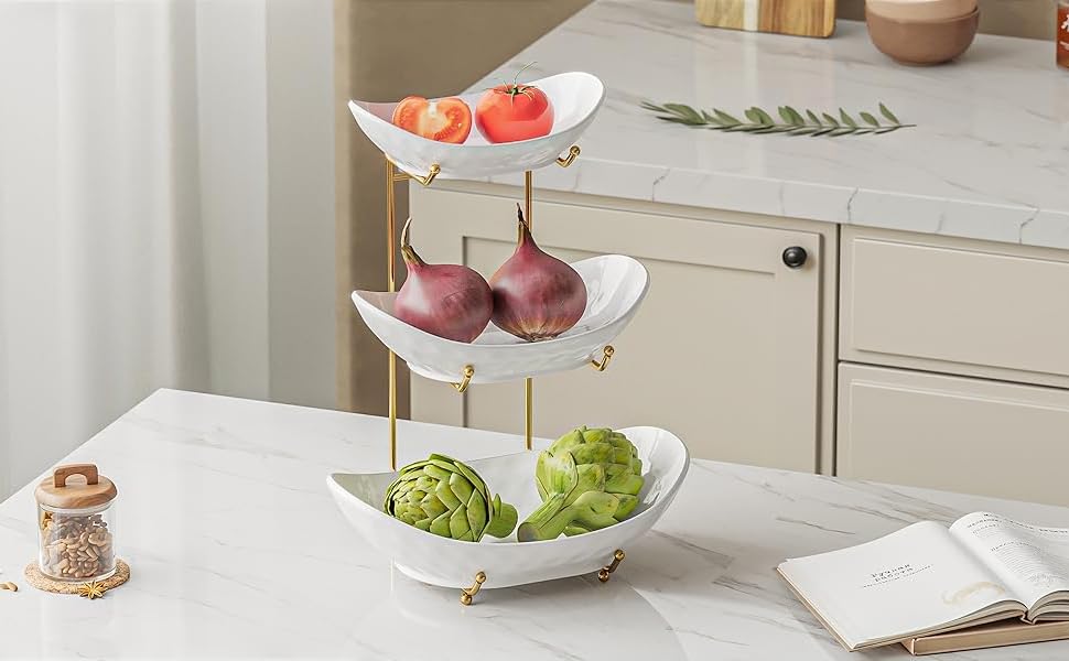 Трьох'ярусна фруктова тарілка Acliys з кераміки (золото) – для зберігання фруктів, овочів, снеків та десертів