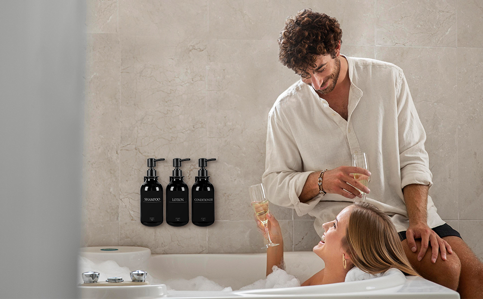 Набір дозаторів для мила та шампуню на стіну, 500 мл, 3 шт., без свердління, колір бурштиновий (чорна пляшка + чорний насос)