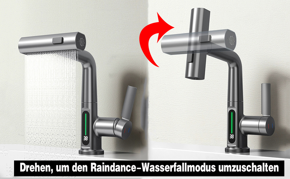 Чорний кухонний змішувач з висувною лійкою, 3 режими, LED-індикатор температури, поворотний на 360°, для високого тиску, регульована висота