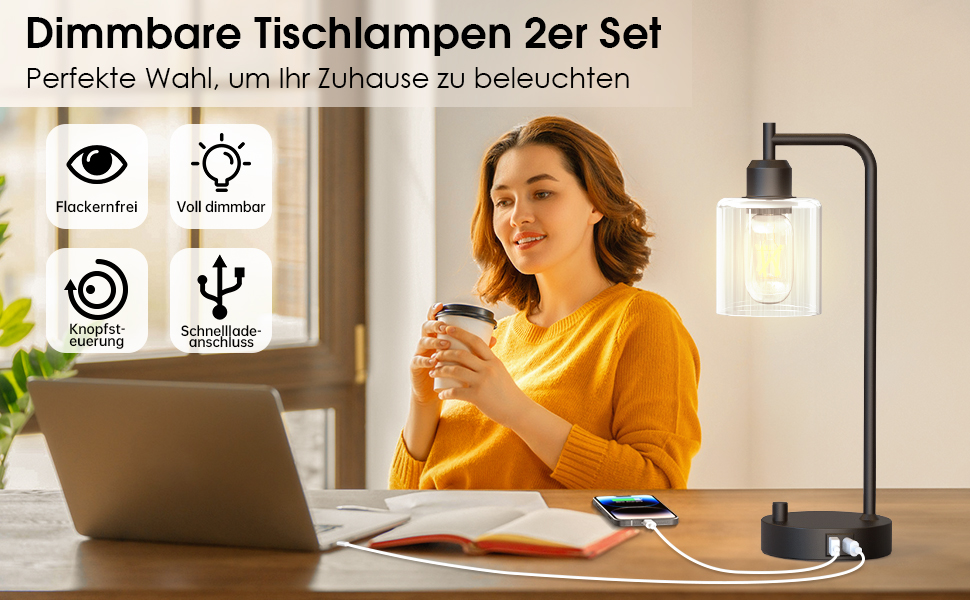 Настільна лампа 2 шт. з USB зарядкою (A+C), LED, тканинний абажур, регулювання кольору, для спальні, вітальні, дитячої, офісу (індустріальний стиль)