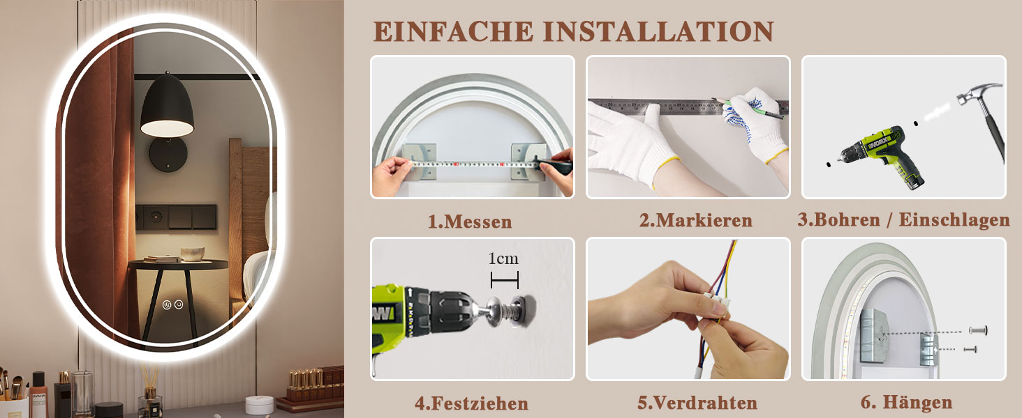 LED дзеркало для ванної кімнати Badspiegel з підсвічуванням, антизапар, сенсорне управління, регулювання яскравості, 3 кольори світла, овальне, 50x70 см