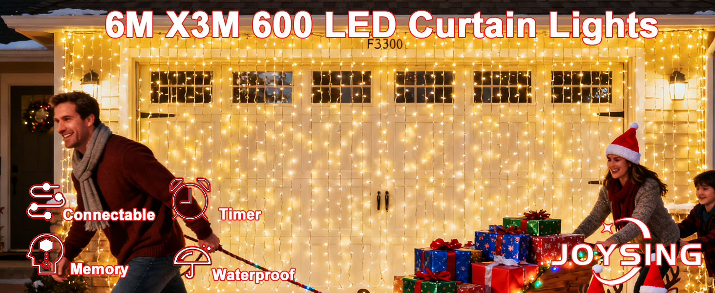 Лямпаденний завіс 6м x 3м, 600 LED, з вилкою, таймером, 8 режимів, вологостійкий, тепле світло. Ідеально для декору вікна, павільйону, саду, на Різдво.