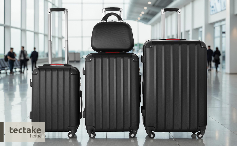 Набір валіз Tectake® 4 шт. з відстірними колесами 360°, валізи з жорсткою оболонкою та TSA-замком, велика валіза з роздільником, ручна валіза на телескопічному стійці - шампань (чорний)