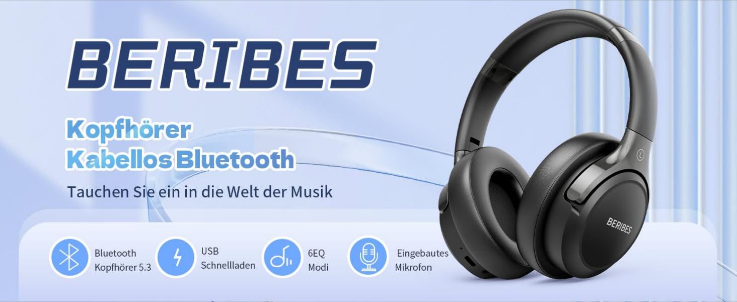 BERIBES Бездротові навушники Over-Ear Bluetooth з мікрофоном, 65 годин роботи, 6 EQ-режимів, HiFi Stereo, чорний