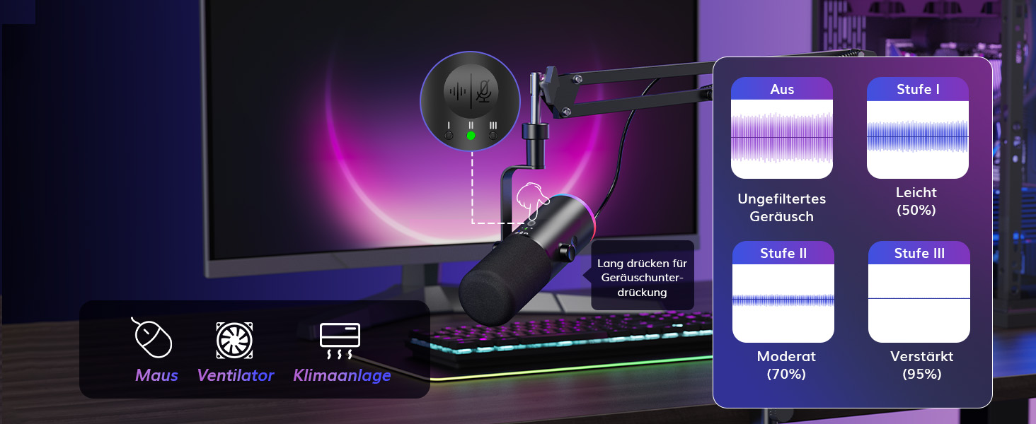 Професійний USB/XLR мікрофон TONOR TD510 AIR S+H для стрімінгу та подкастів з AI шумозаглушенням, RGB підсвіткою, кріпленням-пантографом, чорний