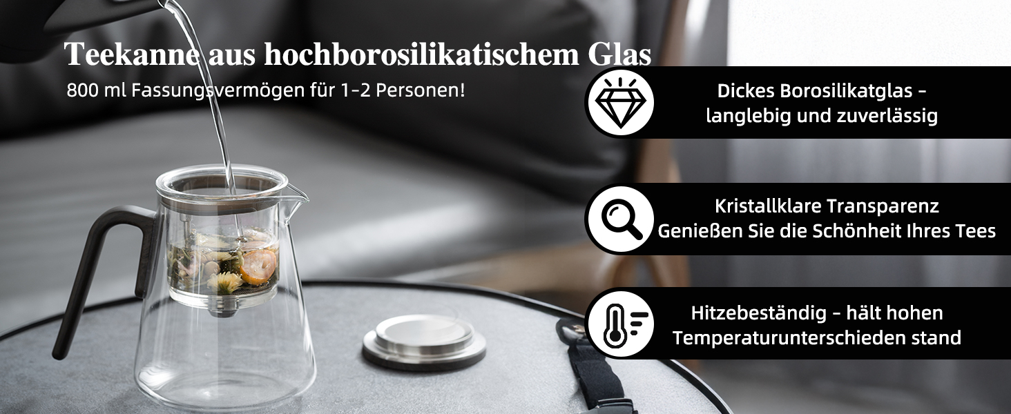 Чайник ZENS Magic з боросилікатного скла з ситом, 800 мл, з магнітним кришкою та ручкою з чорного горіха, для заварювання листового чаю