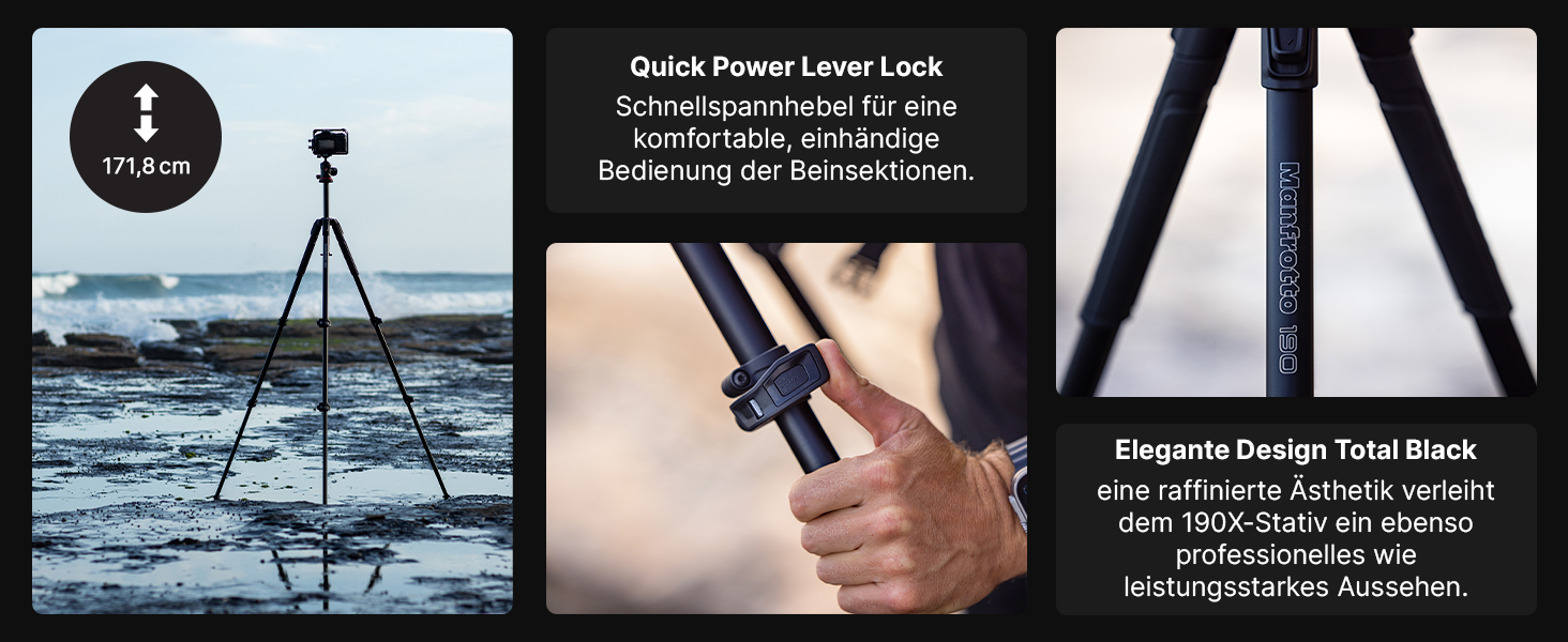 Штатив Manfrotto 190X з алюмінію – 3-секційний для бездзеркальних та DSLR камер (Alu 3 Segm Kit з Arca Swiss)