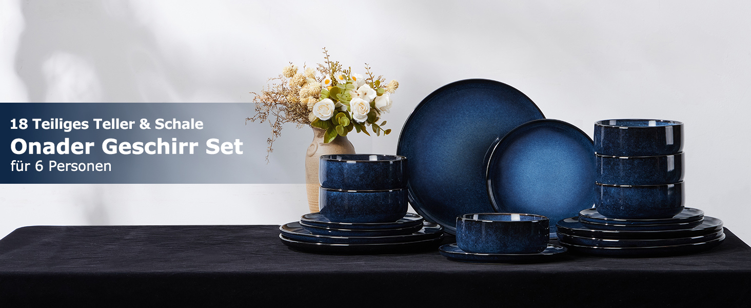 Набір посуду Onader на 6 осіб (18 предметів) - Тарілки, миски, десертні тарілки, кераміка, блакитний, для миття в посудомийній машині