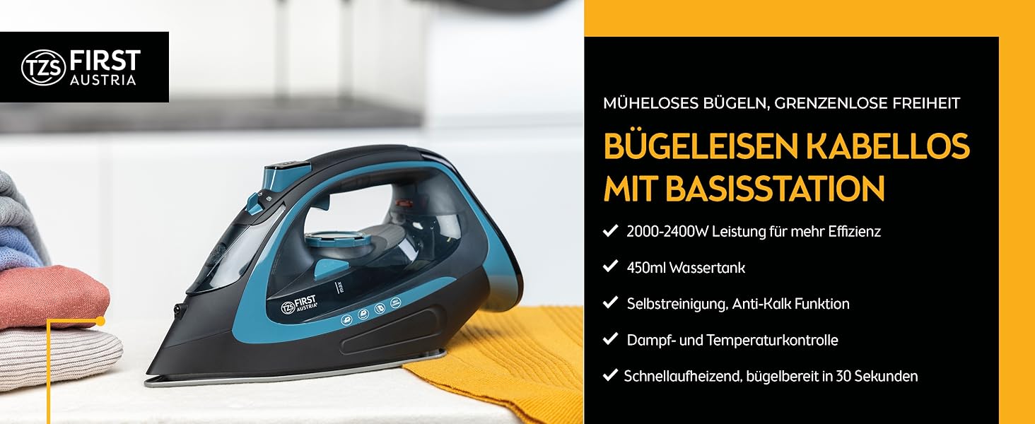 Відпарювач для одягу TZS First Austria 2400W бездротовий з базою, 450 мл, керамічна підошва, регулювання температури та подачі пари, функція вертикального відпарювання, чорно-синій