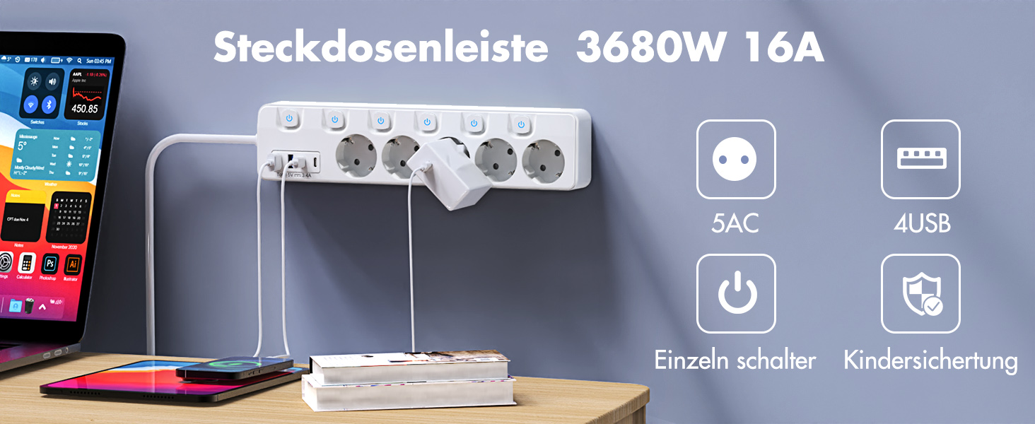 Многорозеткова смуга з 5 розеток та 4 USB-портами швидкої зарядки, KEPLUG, захист від перенапруги, індивідуальне вмикання/вимикання, плоский штекер, настінний монтаж, для офісу, кухні, столу, білий