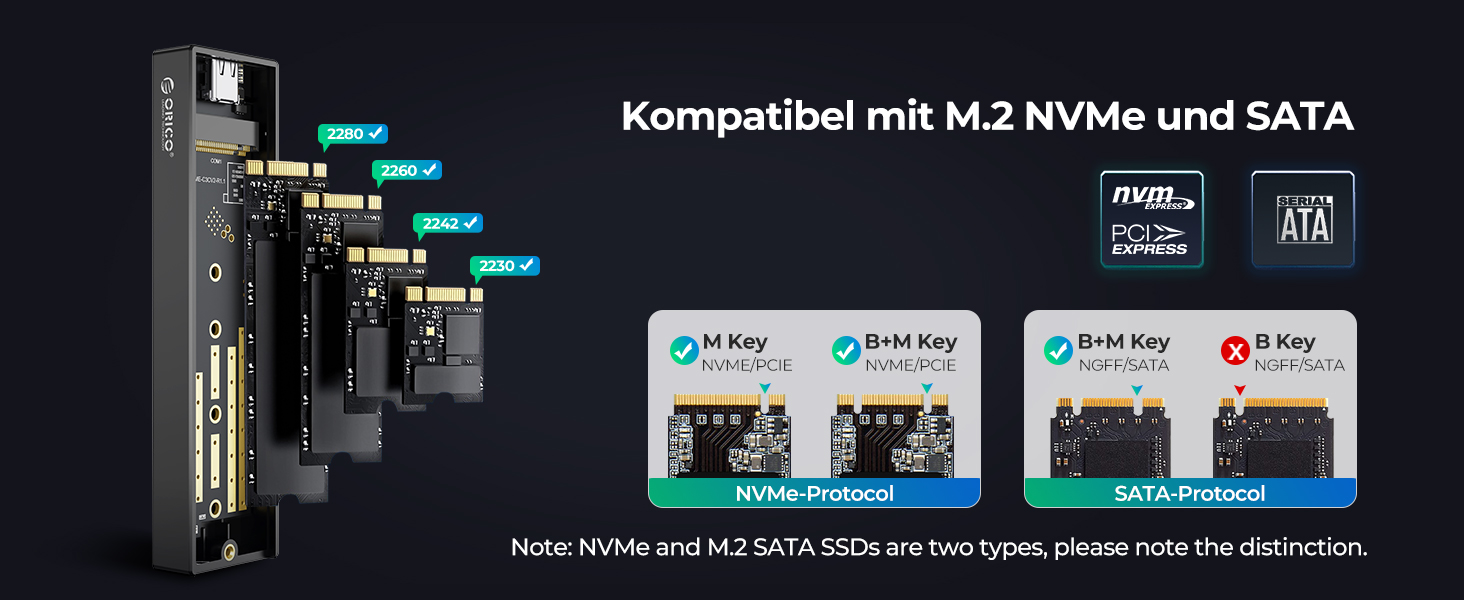 Зовнішній корпус-адаптер ORICO M.2 NVMe SSD USB-C 3.2 Gen2 10Gbps для PCIe NVMe M-Key/M+B Key (2230/2242/2260/2280), підтримка UASP, M-2PV