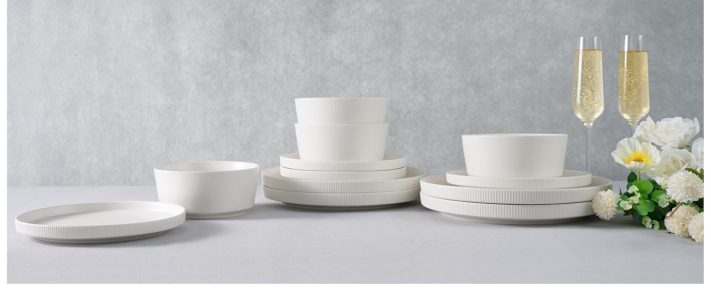 Набір посуду Jiwoo для 4 осіб (12 предметів): тарілки, супові миски, десертні тарілки - Bone China, сучасний дизайн, безпечно мити в посудомийній машині та використовувати в мікрохвильовці