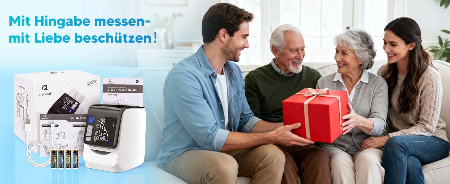 Тонометр на плече Arboleaf з великим LED-дисплеєм, вимірювання пульсу та частоти серцевих скорочень, 4x199 місця пам'яті, зарядка USB-C або AA-батареї, для домашнього використання, білий, компактний