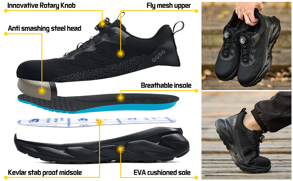 Черевики робочі чоловічі/жіночі, спортивні, дихаючі, анти-удари, зі сталевим підноском, шнурівка, швидка застібка, поворотний замок, 46 EU, чорні