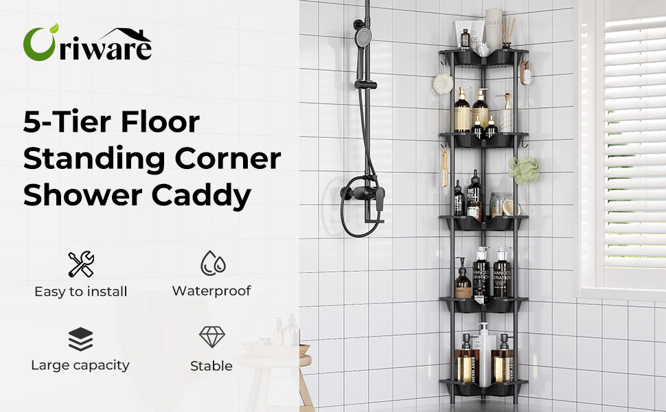 Підлогова полиця для душу з 5 ярусами, без свердління, з гачками, чорного кольору, нержавіюча сталь та пластик