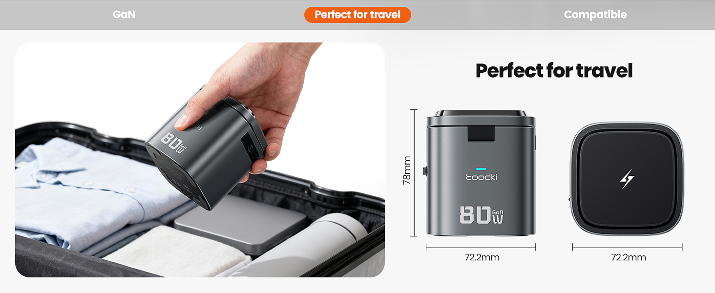 Зарядний пристрій Toocki 80W GaN з USB-C та USB-A, 6 портів, з вбудованим кабелем та MagSafe для MacBook, iPhone 17 Pro Max, Galaxy S24 та інших пристроїв