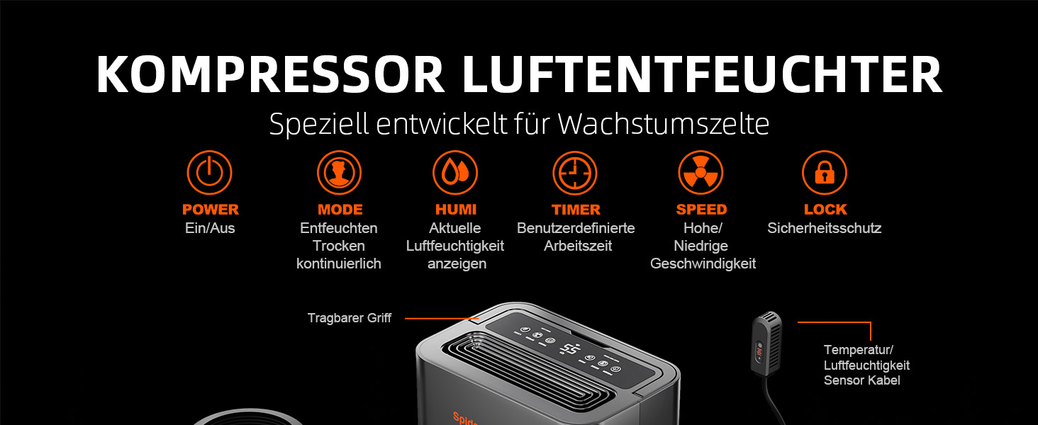 Електричний осушувач повітря Spider Farmer 12L з регулюванням вологості, APP-керування, таймер 24H для теплиці, дому та підвалу