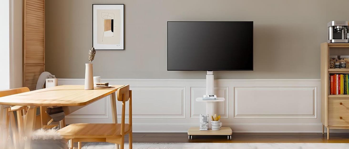 Підставка для телевізора FITUEYES біла з дерев'яною основою, регульована по висоті та поворотна, для телевізорів 32-70 дюймів (плоских та curved), до 40 кг, VESA 600x400