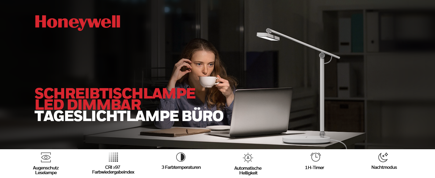 Настільна LED лампа Honeywell H4 Sunturalux – офісна лампа з диммером, 3 режими світла, 5 рівнів яскравості, таймер, сенсорне управління, сірий