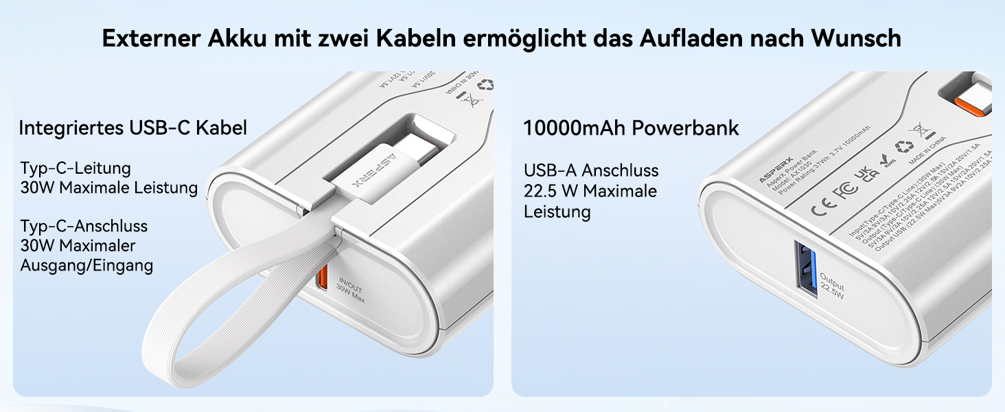 Power Bank AsperX 10000mAh з PD 30W, USB-C, білий. Швидка зарядка для iPhone 15/14, iPad. Компактний акумулятор