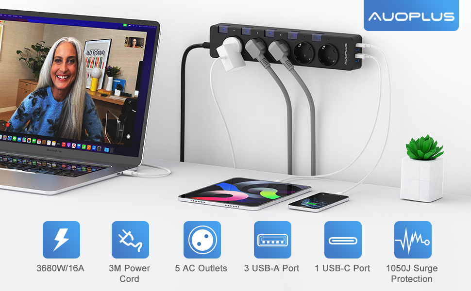 Мережевий фільтр Steckdoseleiste з індивідуальним керуванням, 5 розеток, 1 USB-C та 3 USB-A, захист від перенапруги (3680W/16A), дитячий замок, 3M кабель, чорний