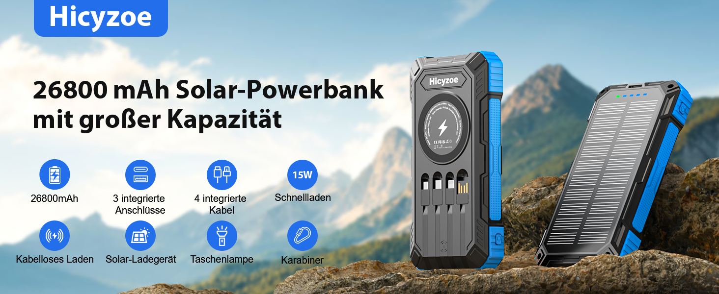 Сонячний повербанк 26800 mAh з 4 кабелями, швидка зарядка USB-C, Qi бездротова зарядка, LED ліхтарик - для телефонів, планшетів, кемпінгу (Синій)