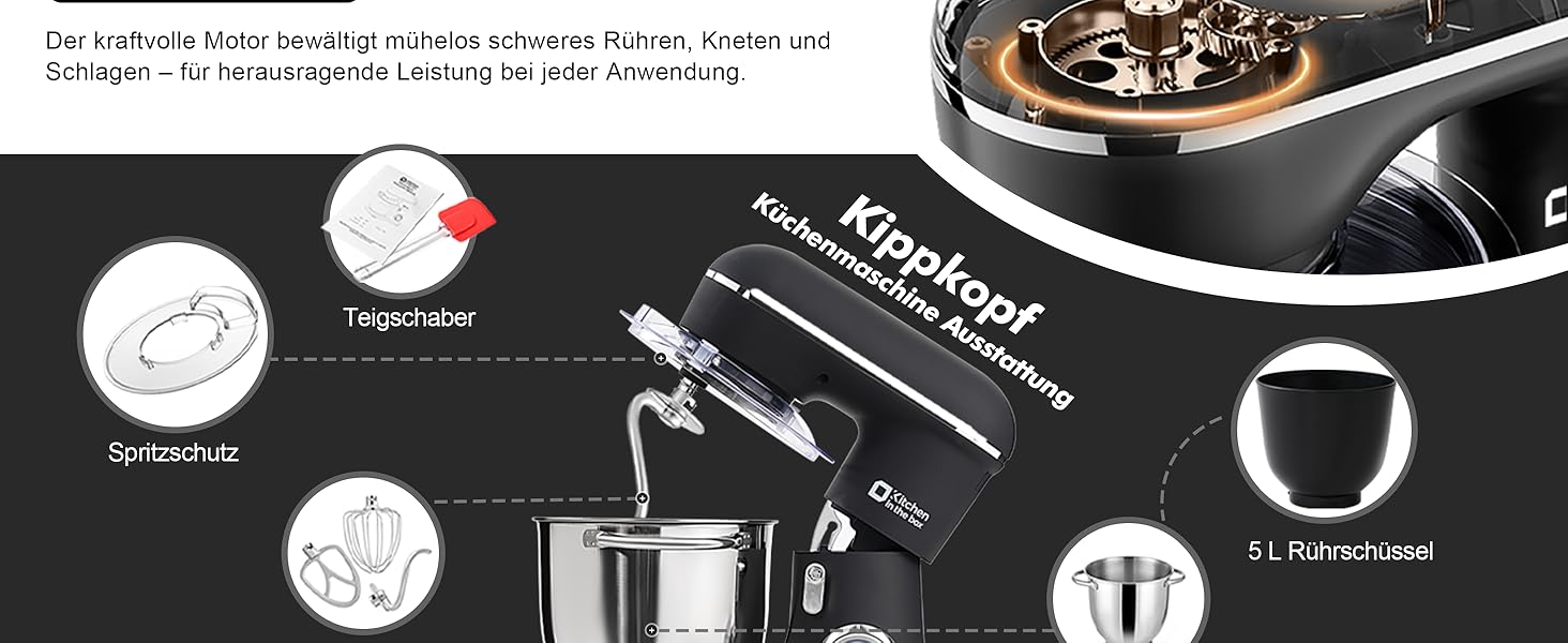 Кухонний комбайн Kitchen in the box, планетарний міксер з чашами 4,5 л та 5 л, 1300 Вт, 10+ швидкостей, з насадками (гак, міксер, вінчик), чорний