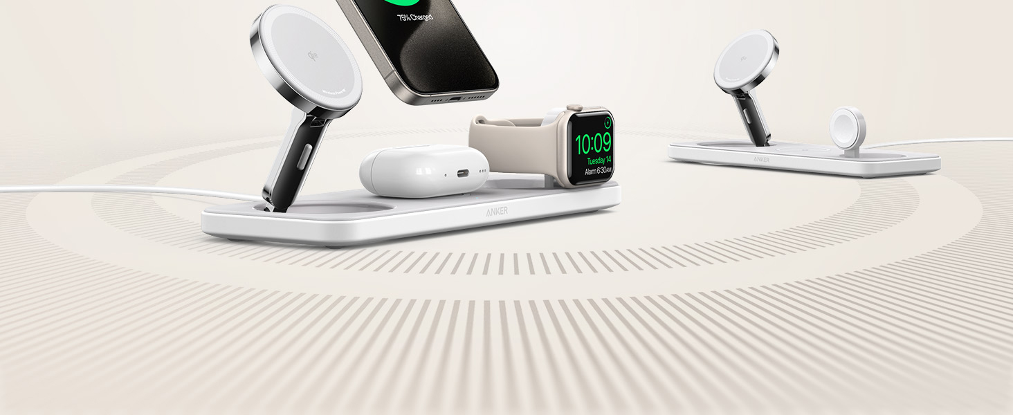 Складана бездротова зарядна станція Anker MagGo 3-в-1 Qi2 15W для iPhone 17/16/15/14/13/12, Apple Watch Ultra та AirPods Pro (з адаптером USB-C та кабелем)