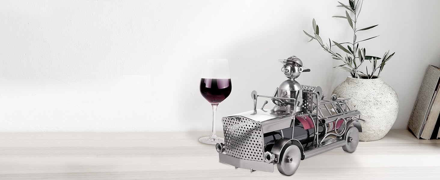 BRUBAKER Wine Bottle Holder Fire Department - Fire Truck Metal Sculpture Bottle Stand - 32 cm Metal Figure Wine Gift for Firefighters - with Greeting Card