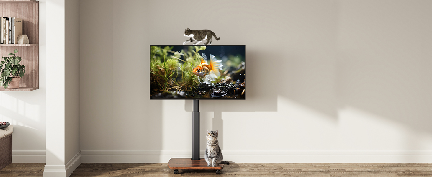 AOKCOS Rolling TV Stand with Wood Shelf - Adjustable Height & Swivel - VESA 400x400 - Holds 32-65 Inch TVs up to 40kg