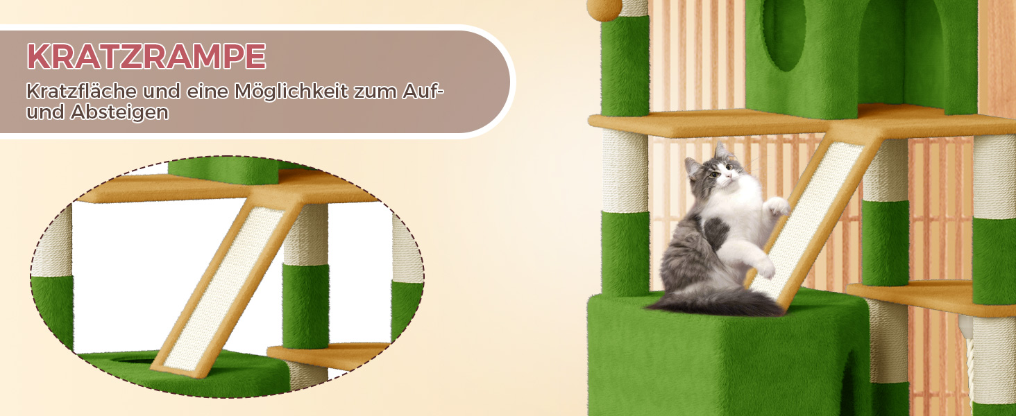 Великий котячий комплекс Kratzbaum 208 см з 3 анти-нахилом, 15 стовпчиками для дряпання, 2 платформами, 2 ховалами, 1 рампою для дряпання та гамаком. Стабільний котячий будиночок для великих котів (зелений + жовтий)