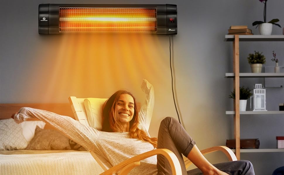 Інфрачервовий нагрівач TRESKO 2500W з пультом дистанційного керування | Тепловий нагрівач для тераси, електричний, 3 режими | Тепловий нагрівач для тераси та приміщення | Настінний інфрачервовий нагрівач з LED-дисплеєм, кварцовий, чорний