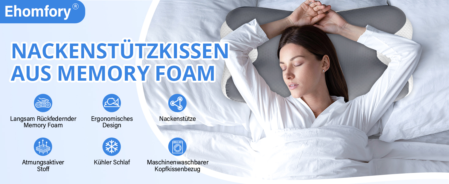 Подушка для шиї Ehomfory з піни Memory Foam, ергономічна для сну на боці, спині та животі, 67x37x9/12 см, сіра