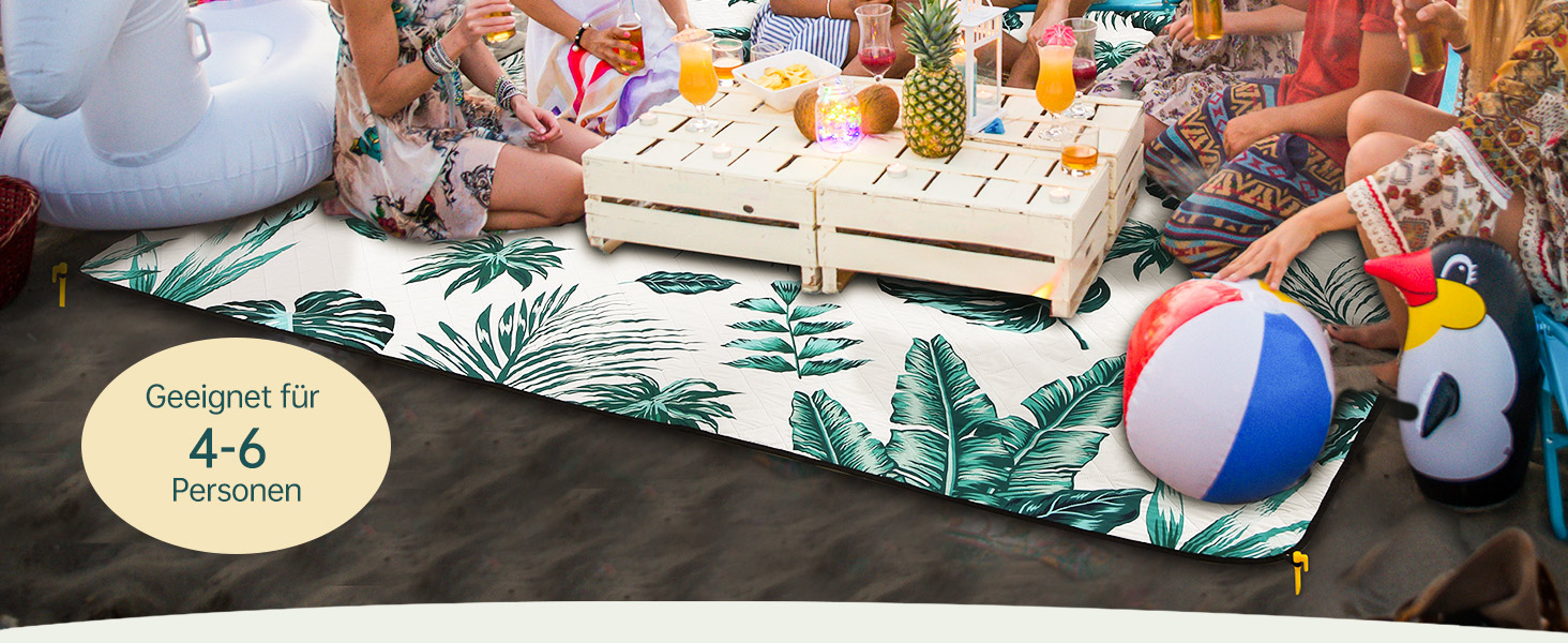 Плед для пікніка HAUSPROFI 200x300 см, водонепроникний, ізольований, XXL. Для пікніка, пляжу, кемпінгу. Бавовняна підкладка, ручка для перенесення, кілочки. Зручний, миючий, тримає форму. Зелений рослинний принт.